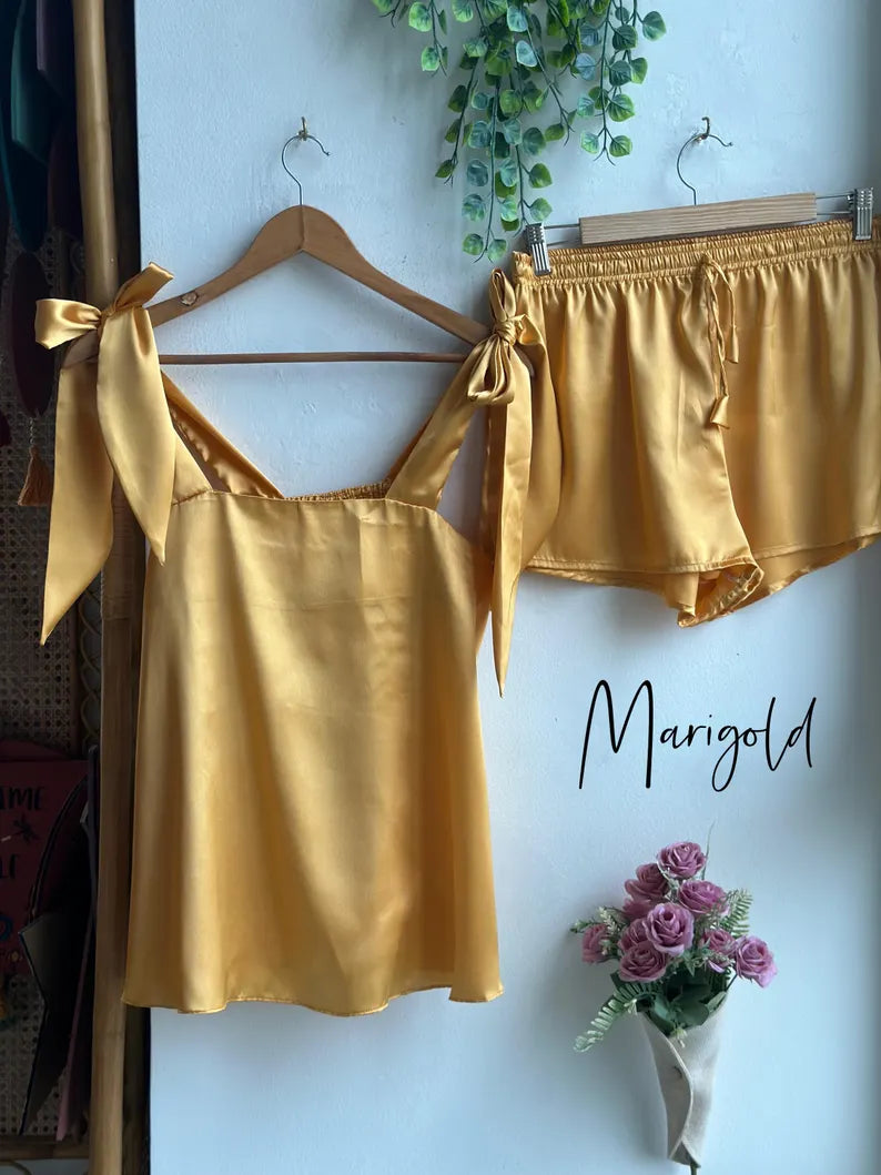 Satin Tie Knot Pajamas - Marigold