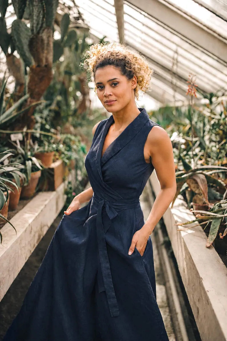 Linen Shawl Collar wrap dress