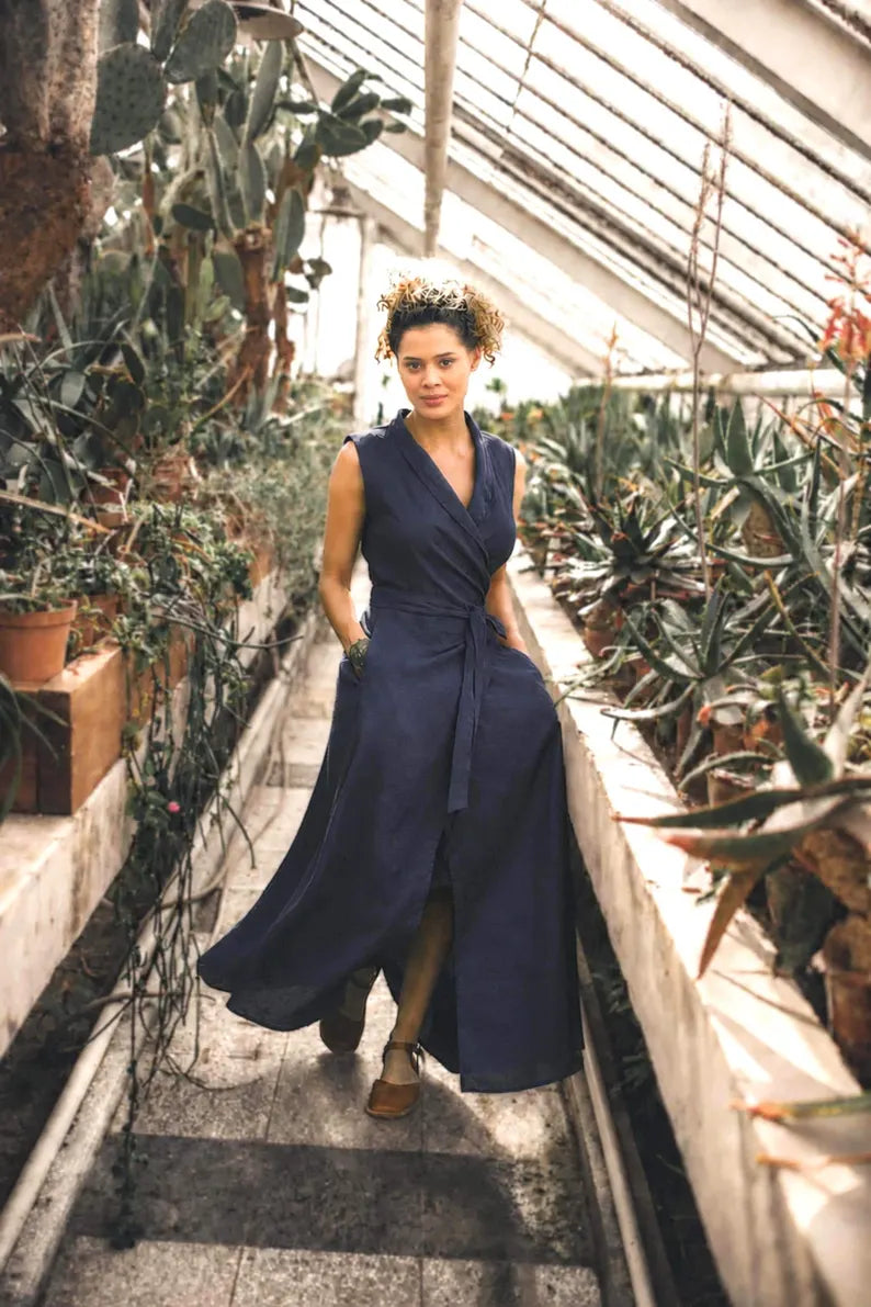 Linen Shawl Collar wrap dress