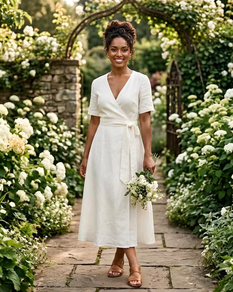 Elegant White Linen wrap dress