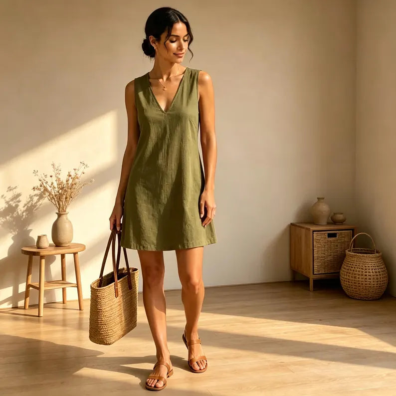 Mia Linen Midi V neck Dress
