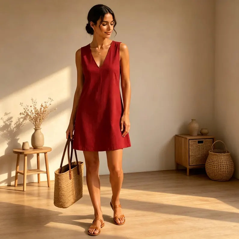 Mia Linen Midi V neck Dress