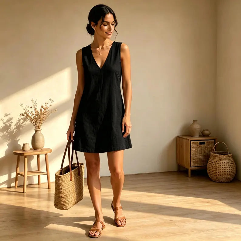 Mia Linen Midi V neck Dress