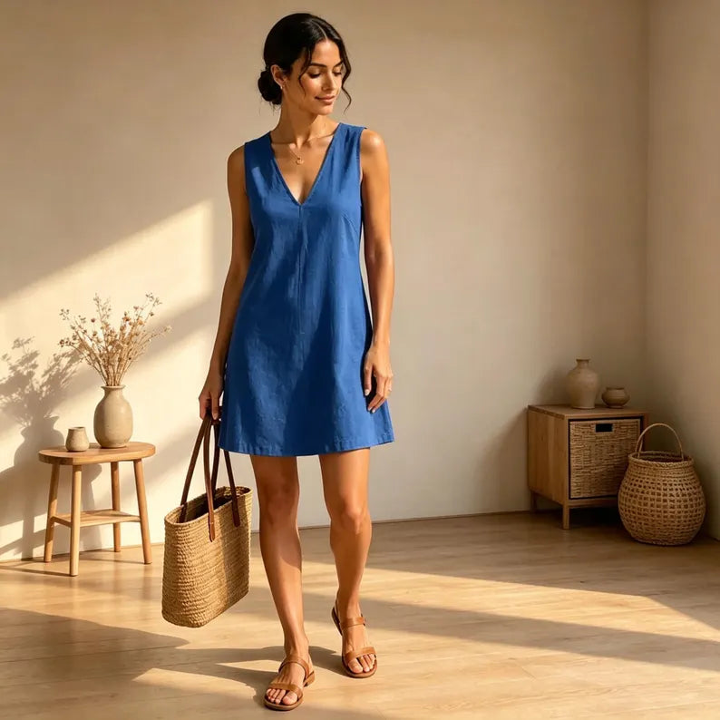 Mia Linen Midi V neck Dress