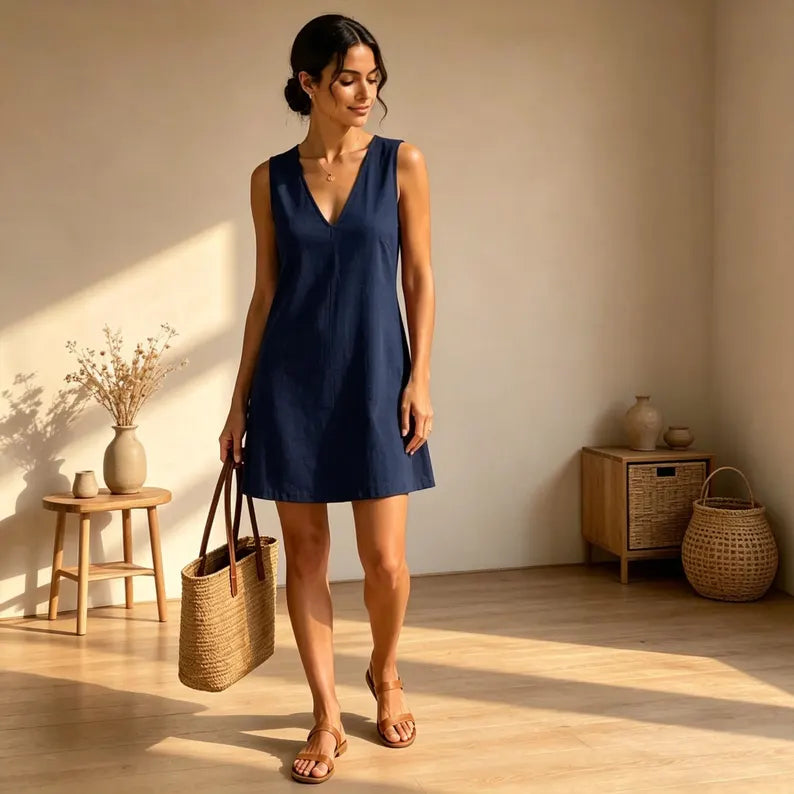 Mia Linen Midi V neck Dress